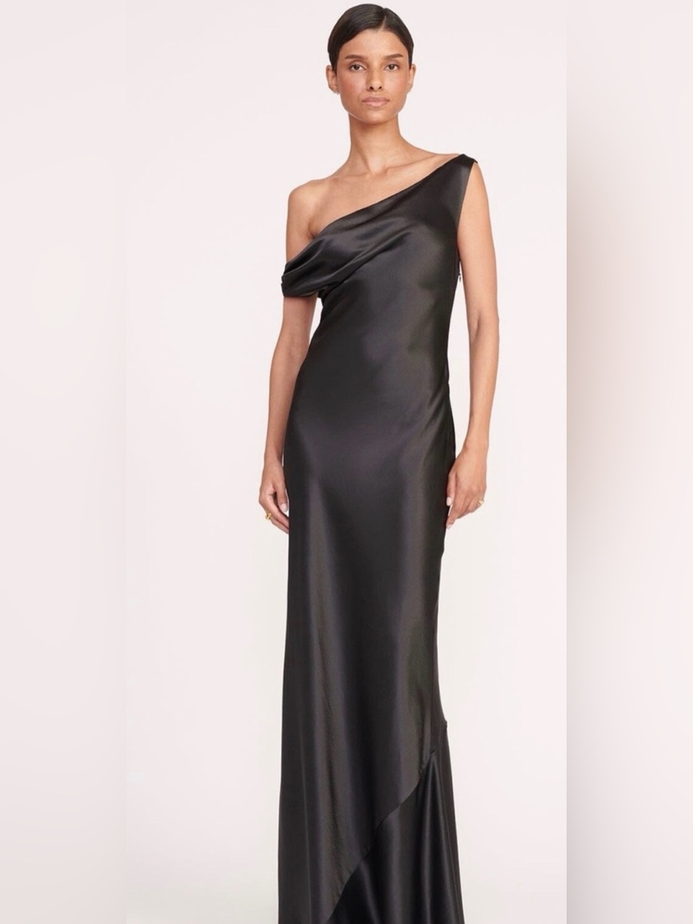 Staud Ashanti One-Shoulder Black Satin Evening Dress